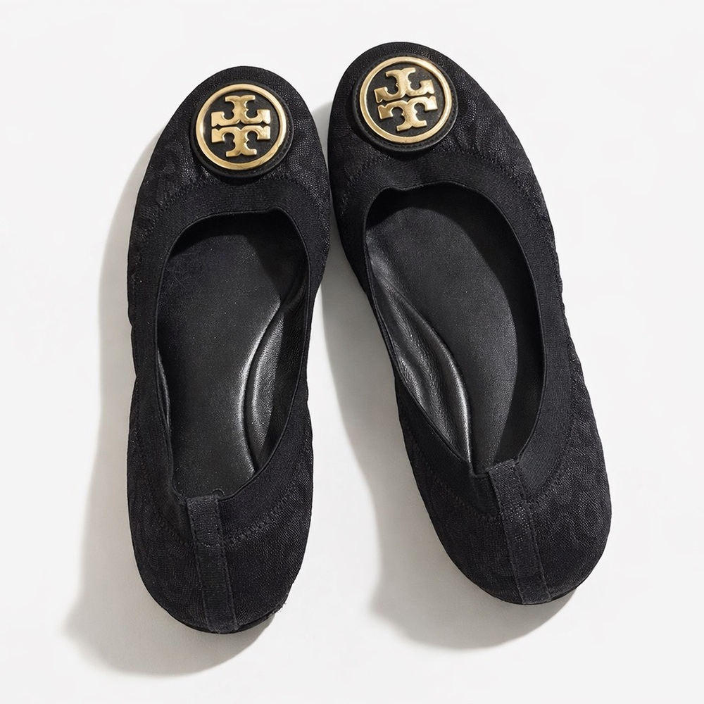 Tory Burch Black Reva Ballet Flats Gold Logo Size 9M